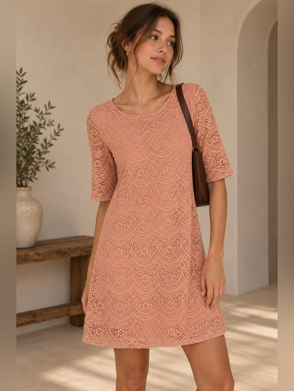 NWT Apt. 9 Elbow Sleeve Lace Sheath Dress Peach Pink Size Medium